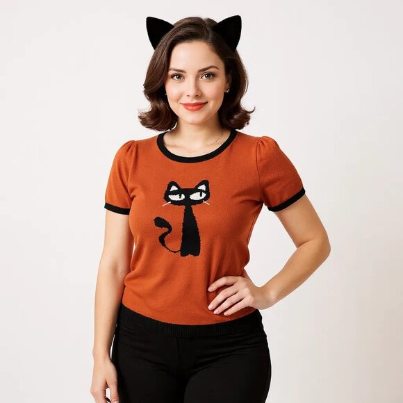 Pinup Retro Cat Short Sleeve Sweater Top - Picture 1 of 9